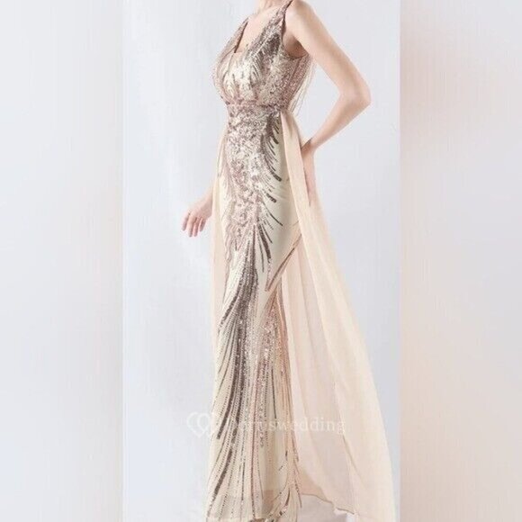 Gold, Double V, Beaded Back, Draped Skirt, Contrast Sequined Mermaid Gown - Picture 11 of 16